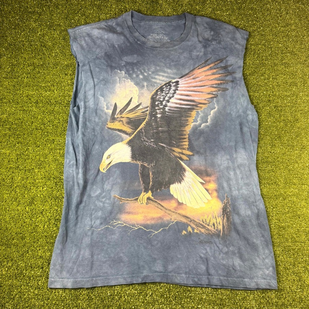 The Mountain Bald Eagle Graphic Muscle Tee Blue Acid Wash Sleeveless Shirt L